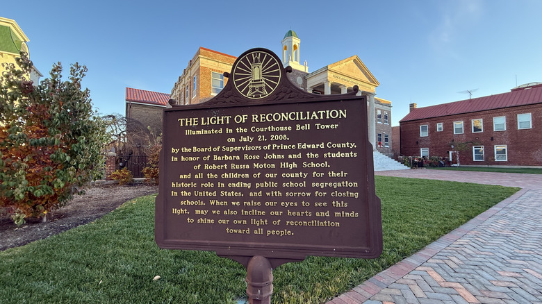 A historic marker for the Courthouse Bell Tower in Farmville, Virginia