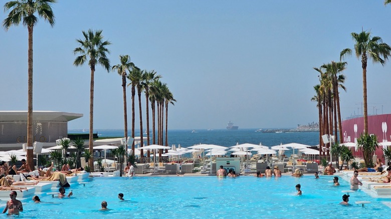 The pool at Playa Pacha, the beach club at Five Luxe JBR, a luxury hotel in Dubai, United Arab Emirates