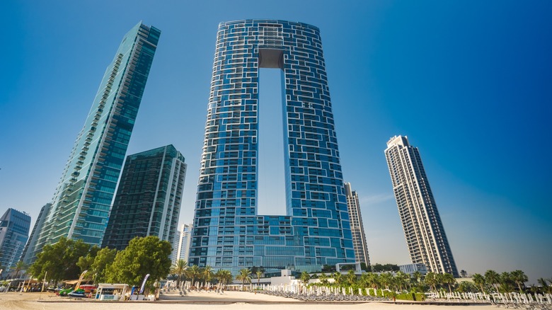 Exterior view of Five Luxe JBR, a luxury hotel in Dubai's JBR neighborhood in United Arab Emirates, seen during the day