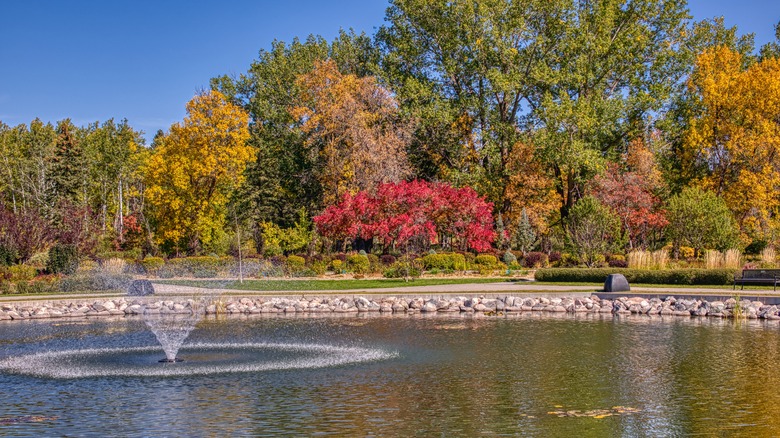 fountain in pool of gardens in autumn