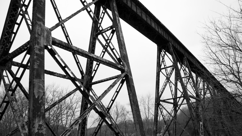 Black and white photo of the errie Pope Lick trestle