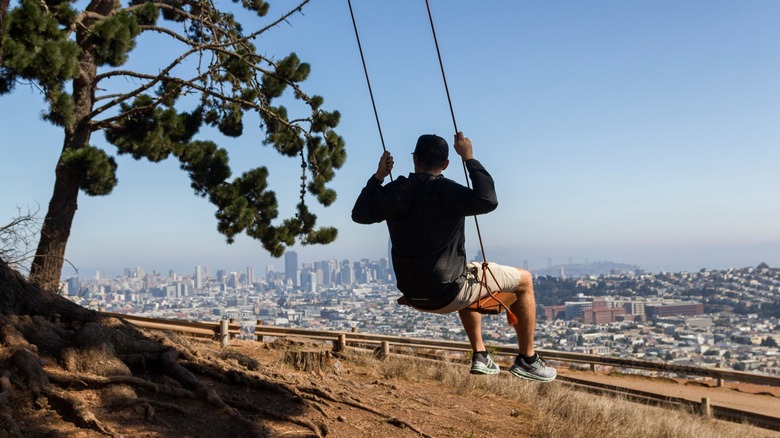 A man on swing next to a tree overlooking San Francisco