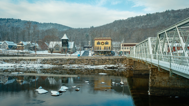 Wintertime view of downtown Shelburne Falls from across the Deerfield River