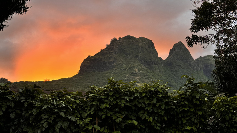 Kalalea Mountain on Kauai island seen at sunset