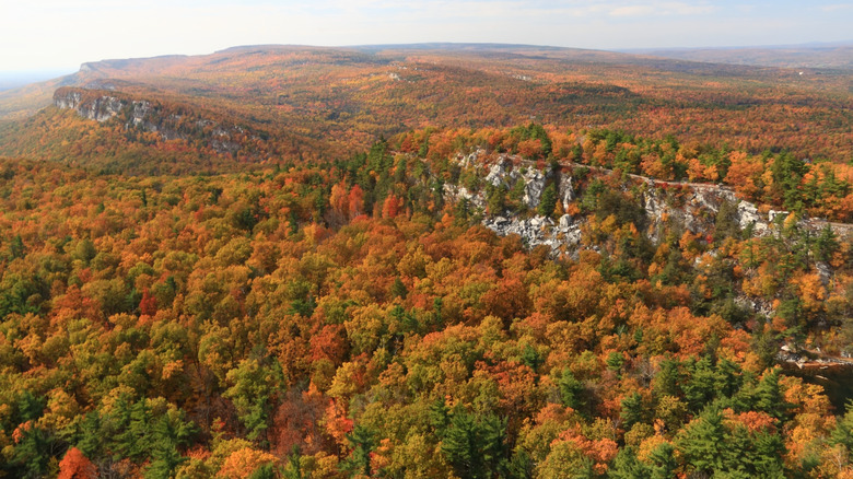 Aerial view of fall at Mohonk Preserve with the Shawangunks