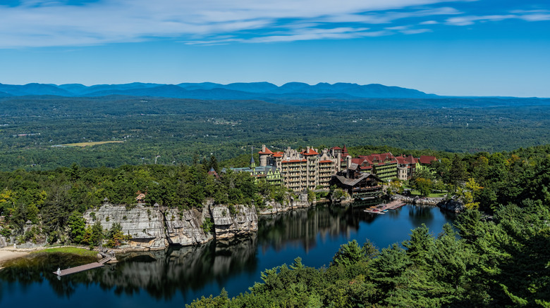 Aerial view of Mohonk Mountain House with Mohonk Lake and the preserve