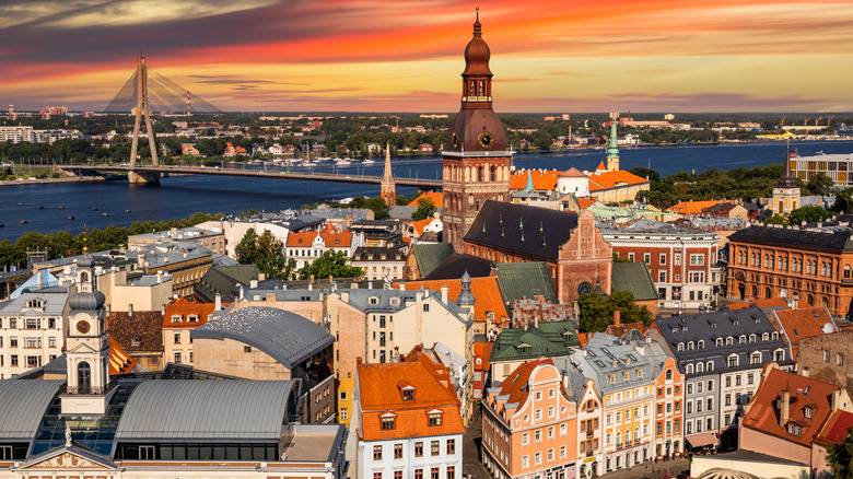 An aerial photo of Riga and the Daugava river