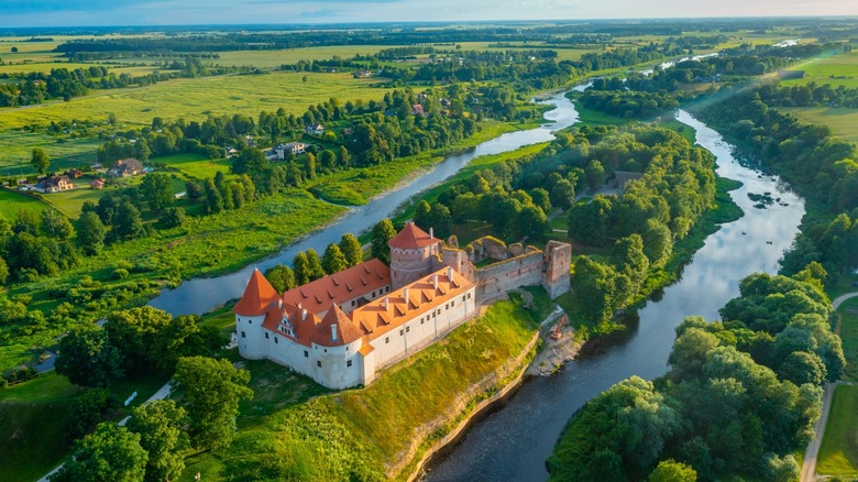 Aerial photo of beautiful Bauska castle