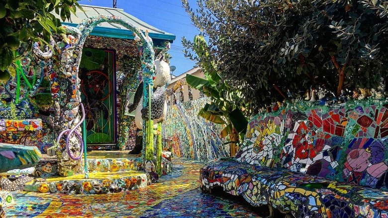 Colorful and eccentric exterior of the Mosaic Tile House in Venice Beach California