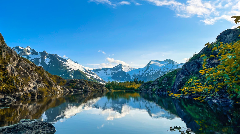 A view of the Chugach Mountains from Portage Pass Trail with a sky-blue alpine lake and green vegetation in the foreground