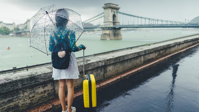 A traveler arriving in a rainy Budapest