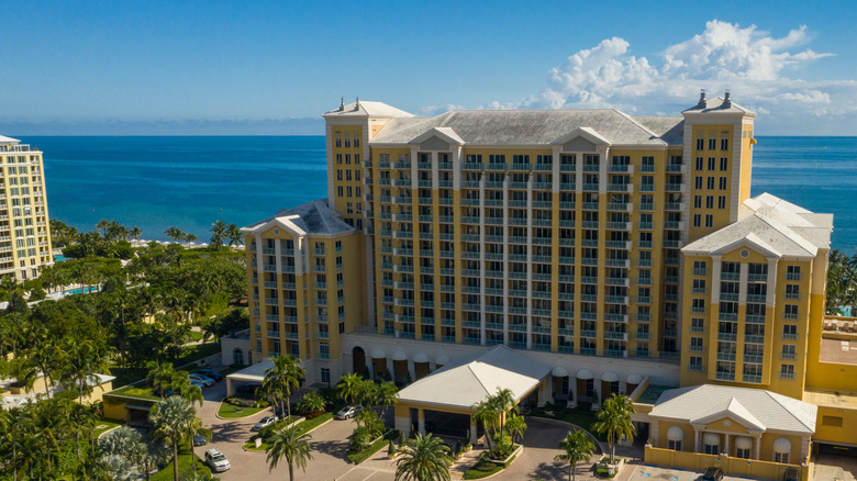 Facade of Ritz-Carlton Key Biscayne with ocean in background