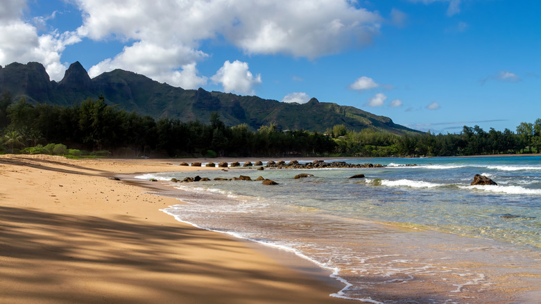 Kauai's Anahola Beach Park landscape with sand, water washing ashore, rocks, and a mountain scape in the background.