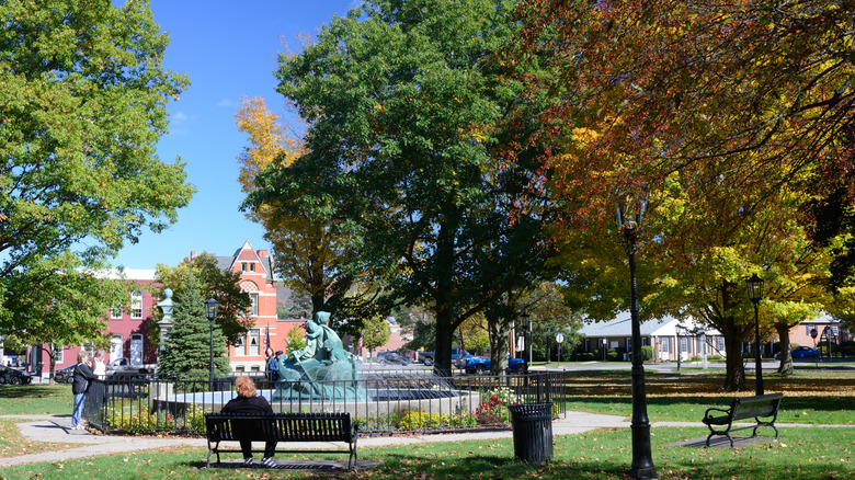 A park in Wellsboro, Pennslyvania, with the Wynken, Blynken, & Nod Statue