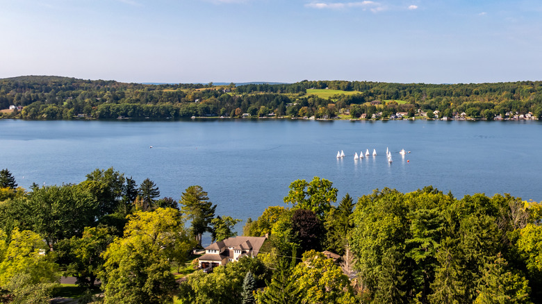 Aerial shot of Cazenovia Lake, New York