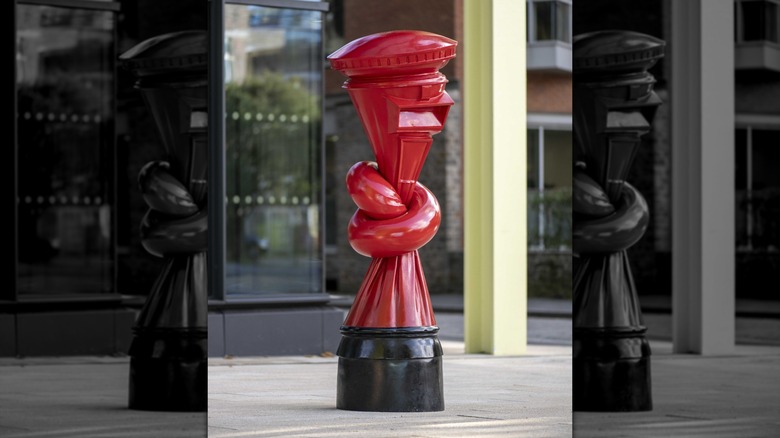 Close-up of the sculpture "Alphabetti Spaghetti" by Alex Chinneck, located outside of Assembly Bristol in Bristol, U.K.