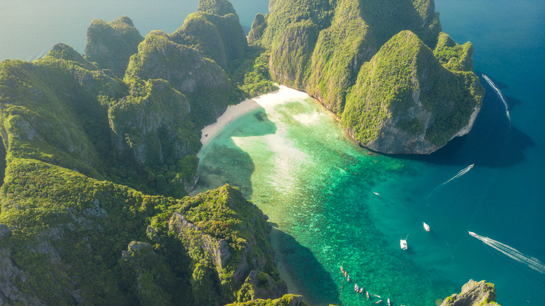 Aerial view of Phi Phi Island's rock formations and water