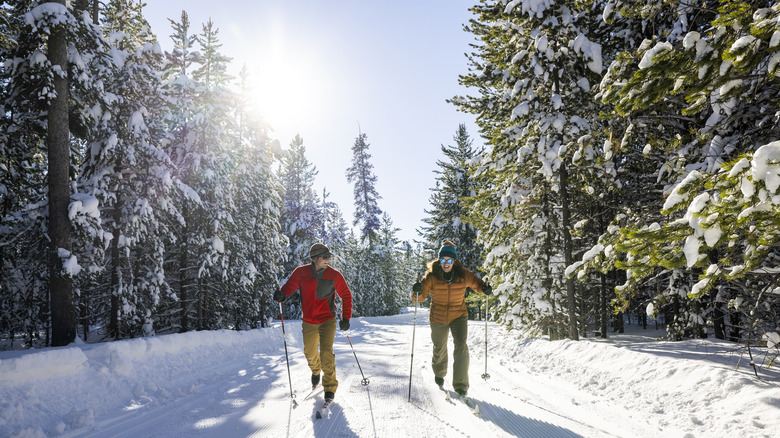 Couple skiing in the snow