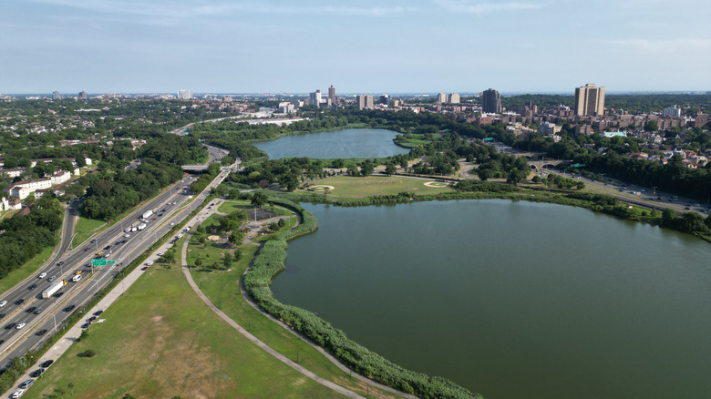 Aerial view of lakes at Flushing Meadows-Corona Park, Queens