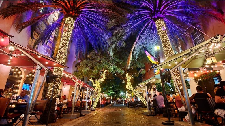 Espanola Way lit up at night