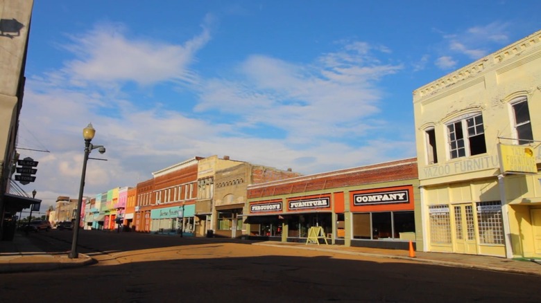 Colorful buildings along Yazoo City main street