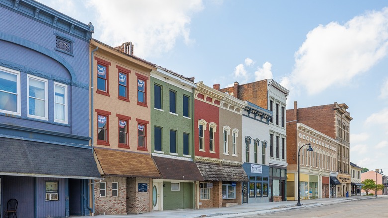 colorful houses lining the street in Connersville, Indiana