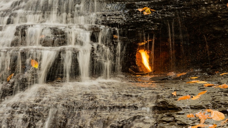 Lit flame at Eternal Flame Falls