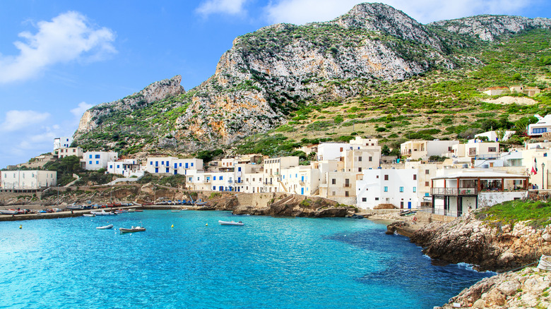 View of Levanzo with white houses and rocky cliffs in the background