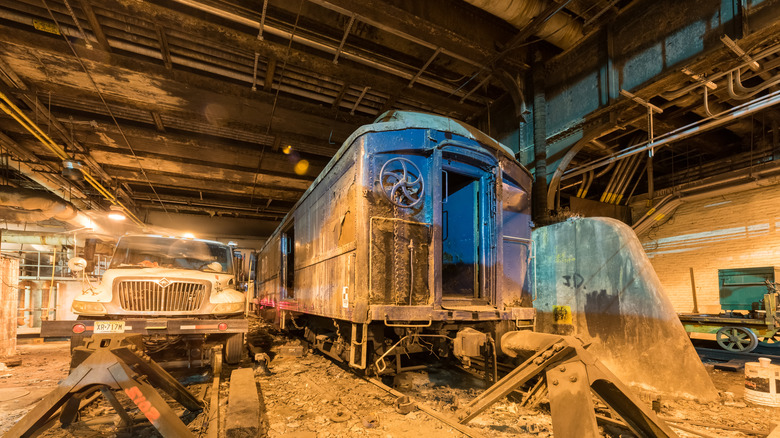 Old train carriage in an abandoned underground storage area