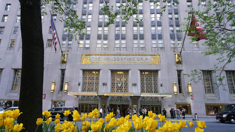 Facde of the Waldorf Astoria with yellow tulips in the foreground