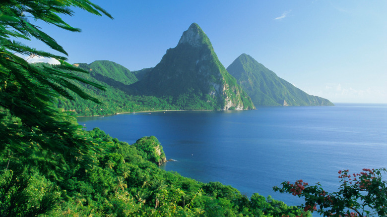 The twin Piton peaks along the coast in St. Lucia