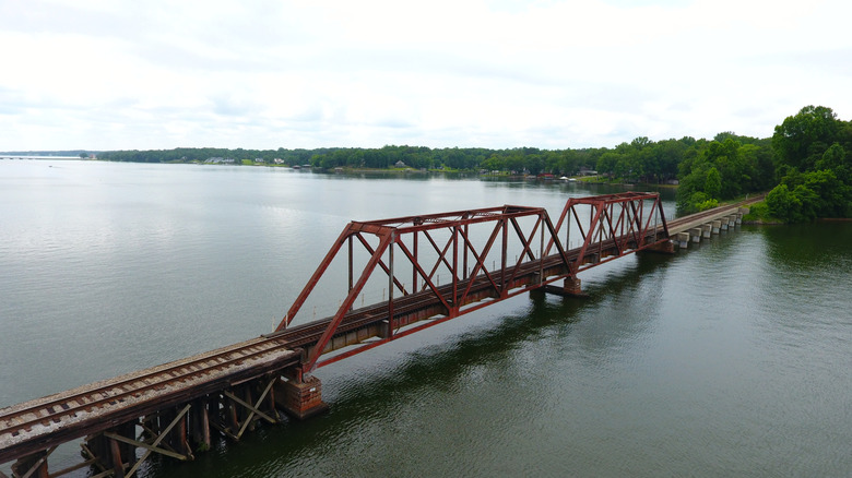 A trestle bridge crossing over Lake Greenwood, South Carolina