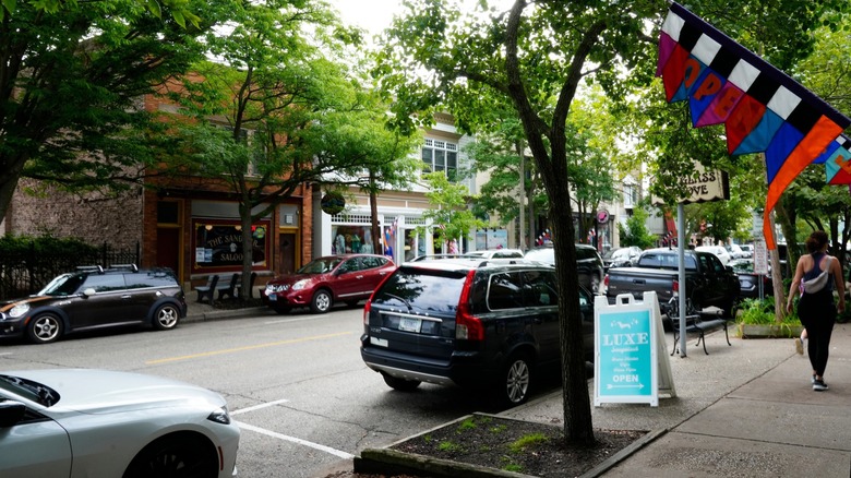 Art galleries and shops on streets of Saugatuck, MI