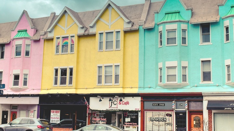 three colorful storefronts