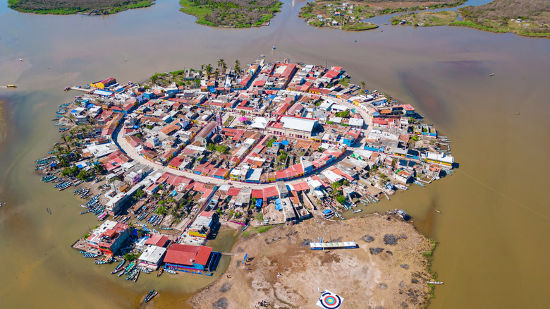 Aerial shot of the island town of Mexcaltitan