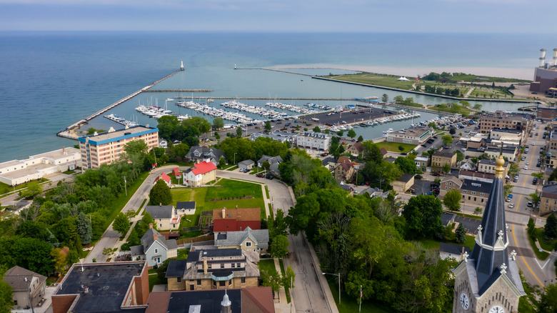 An aerial view of the harbor and downtown of Port Washington