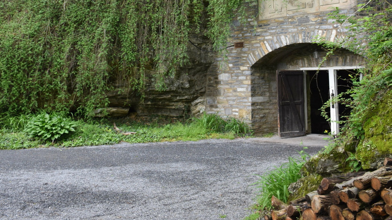 Stone archway at the entrance to Indian Echo Caverns, surrounded by trailing plants.