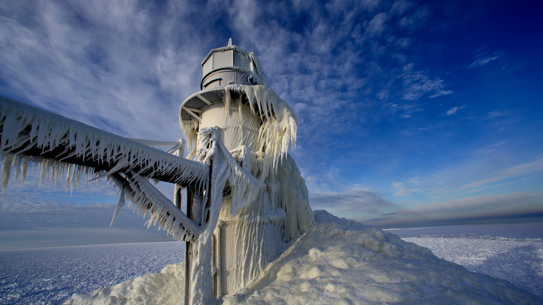 A lighthouse at St. Joseph frozen in the winter