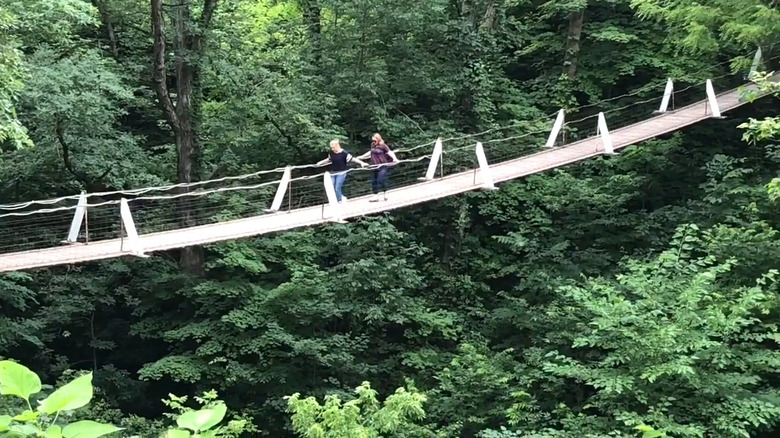 Two people on Lover's Leap Swinging Bridge