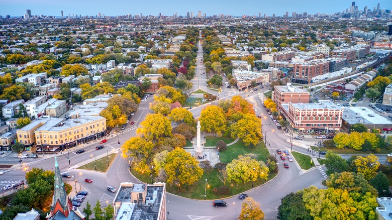 Logan Square with trees and buildings