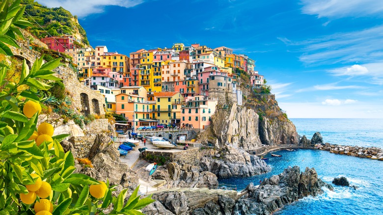 Manarola, situated on a colorful bluff, in Cinque Terre, Italy