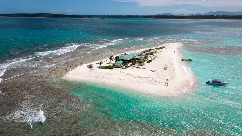 Aerial view of Sandy Island off the coast of Sandy Ground