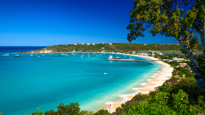 View of Sandy Ground Beach with turquoise waters and lush hillside