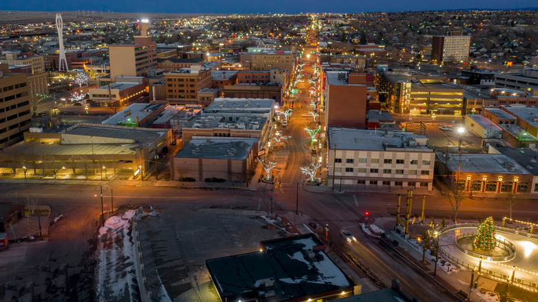 Snowy aerial view of Casper, Wyoming on Christmas