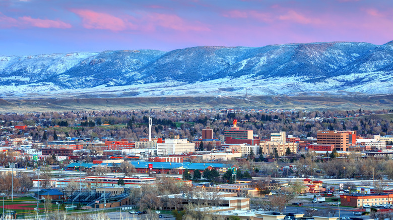 Snowy mountains and city of Casper, Wyoming