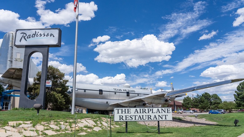 A view of the plane and the sign of The Airplane Restaurant in Colorado Springs, Colorado