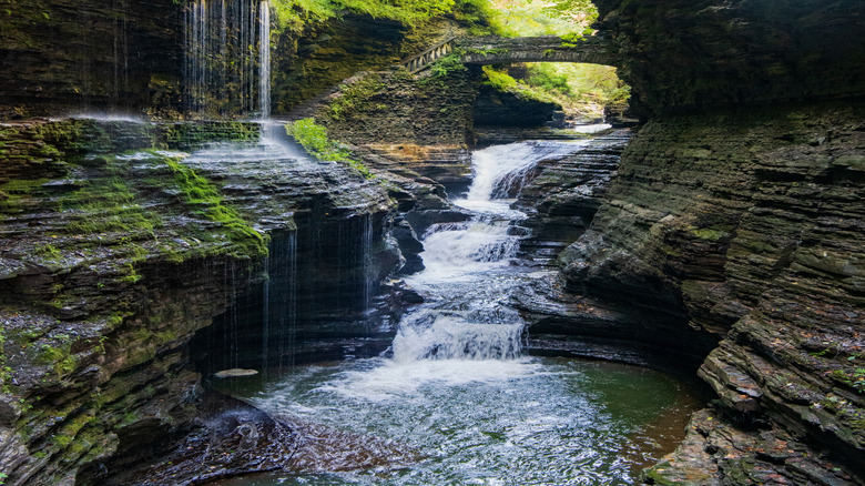 Rainbow Falls flowing down a rocky gorge covered in moss at Watkins Glen, New York