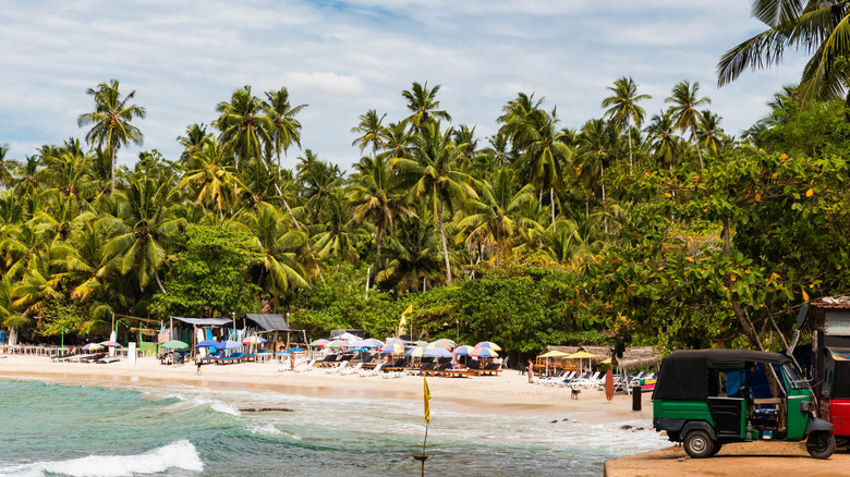 Tuk-tuks parked next to Hiriketiya Beach in Sri Lanka with a view of sun lounges and parasols in the background