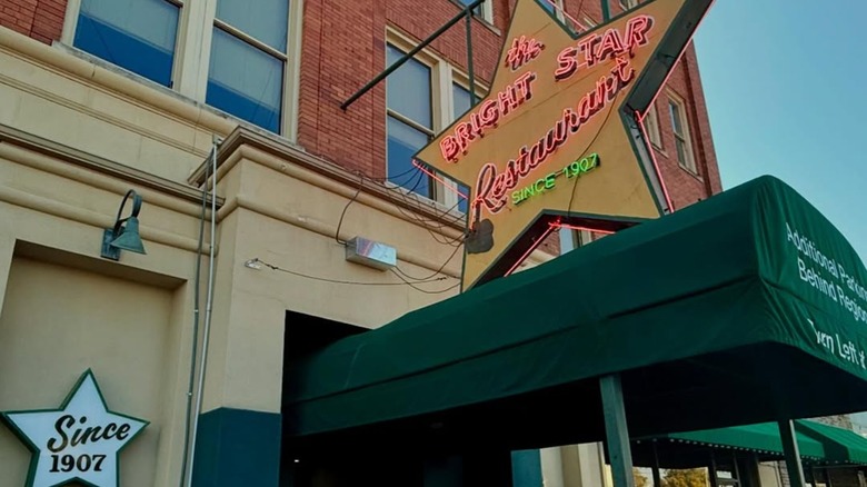 Neon sign over the entrance of The Bright Star Restaurant