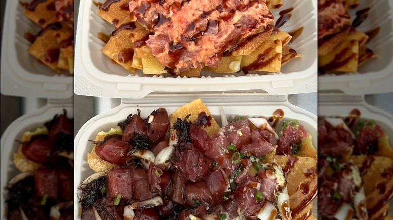 Hawaiian poke on Nacho chips featured at Kahiau Poke & Provisions